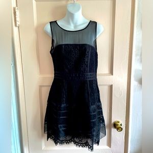 Cynthia Steffe black silk chiffon and cotton lace mini dress. Size US 6